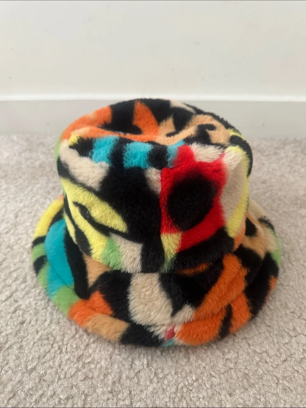 Faux Fur Multicolor Bucket Hat - Vibrant Rainbow Print